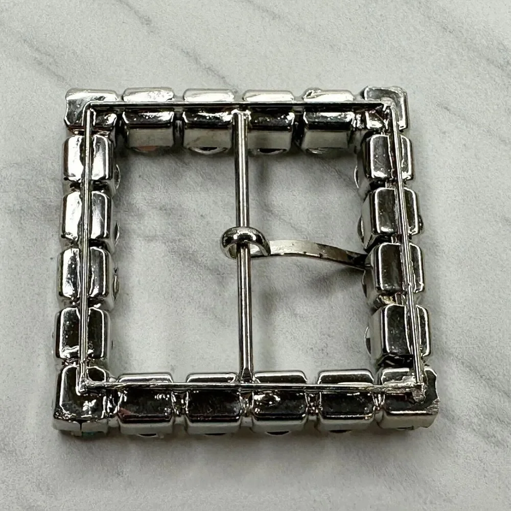 Square Rhinestone Silver Tone Belt Buckle